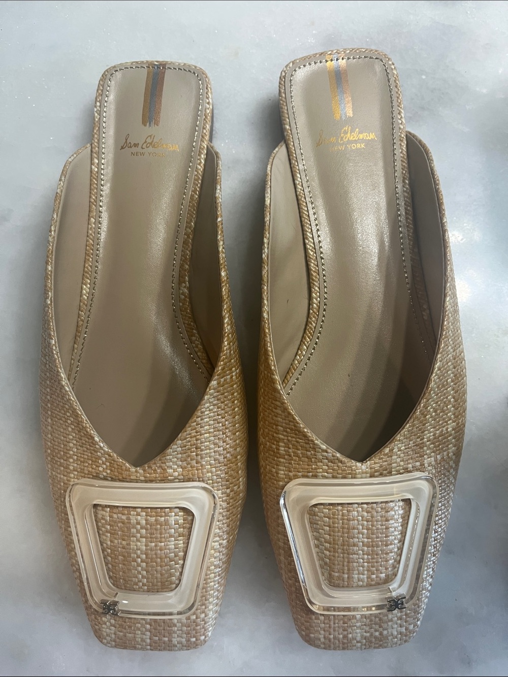 Sam Edelman LIN BUCKLE MULE Woven Tan Square-Toe Mules with Clear Buckle Sz 11